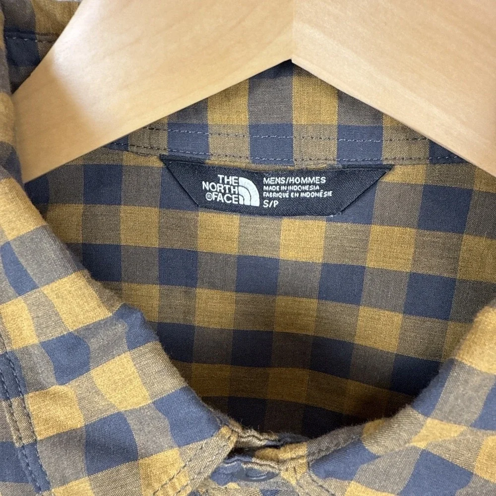 The North Face Mens Small Plaid Snap Front Western Shirt Yellow Grey Long Sleeve